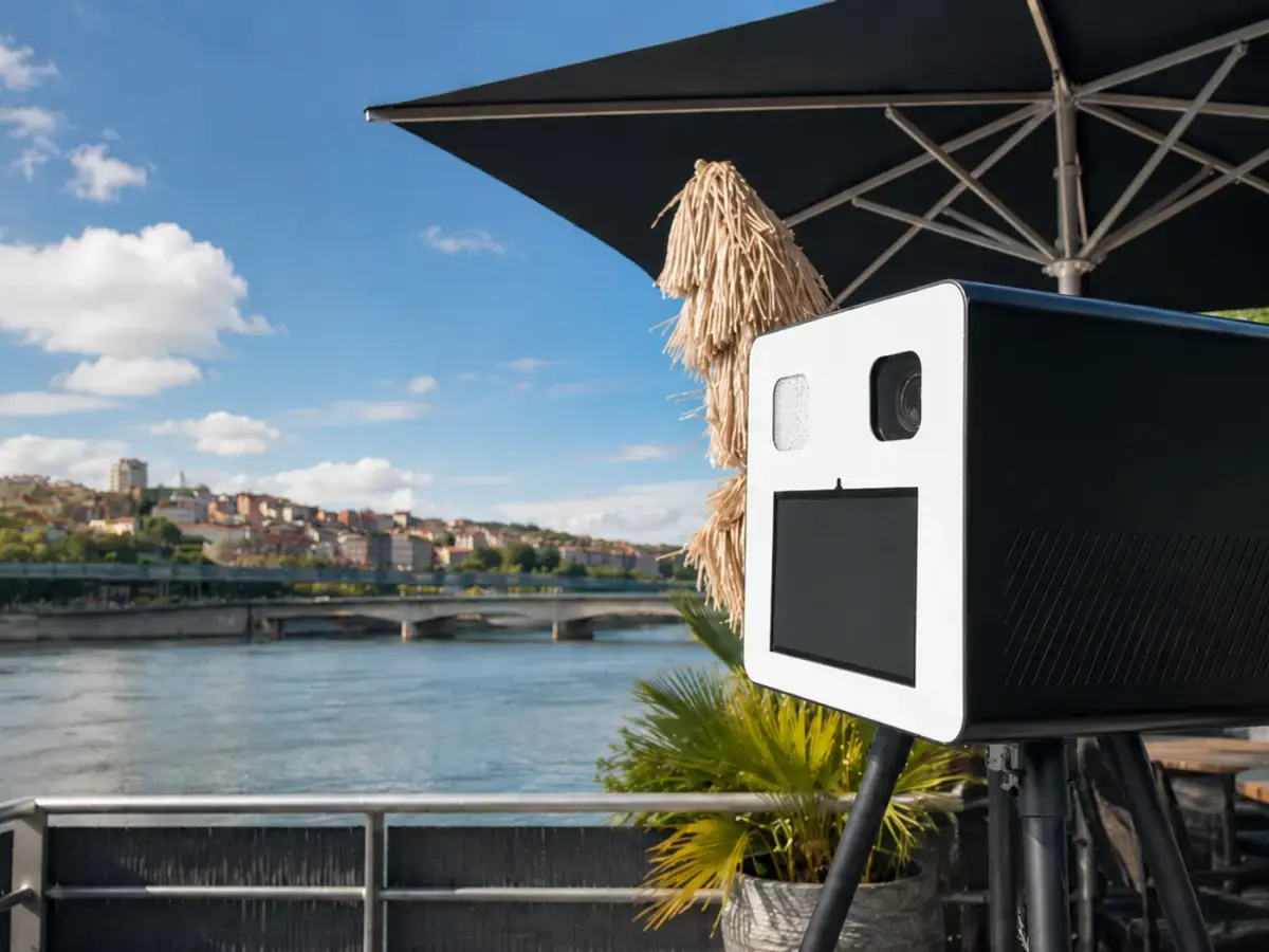 Borne photo Photobox installée sur une terrasse en bord de rivière